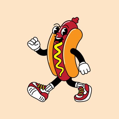 El ve ayaklı Hotdog retro maskotu. Hotdog, sosis ve Fast Food Retro marka komik karakterli ve eldivenli maskot etiketleri..