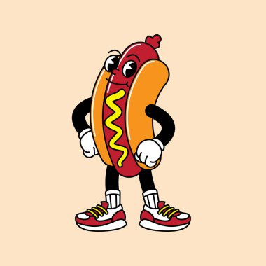 El ve ayaklı Hotdog retro maskotu. Hotdog, sosis ve Fast Food Retro marka komik karakterli ve eldivenli maskot etiketleri..
