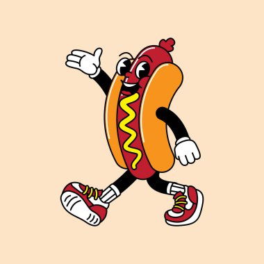 El ve ayaklı Hotdog retro maskotu. Hotdog, sosis ve Fast Food Retro marka komik karakterli ve eldivenli maskot etiketleri..