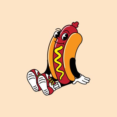 El ve ayaklı Hotdog retro maskotu. Hotdog, sosis ve Fast Food Retro marka komik karakterli ve eldivenli maskot etiketleri..