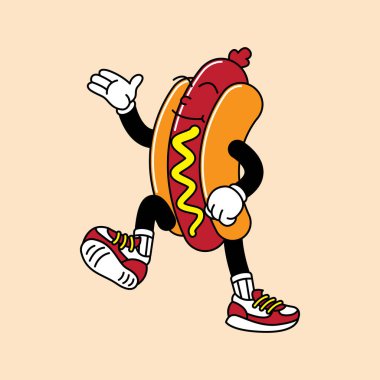 Hotdog retro mascot with hand and foot. Hotdog, sausage, and Fast Food Retro vintage mascot cartoon stickers with funny comic characters and gloved hands. clipart