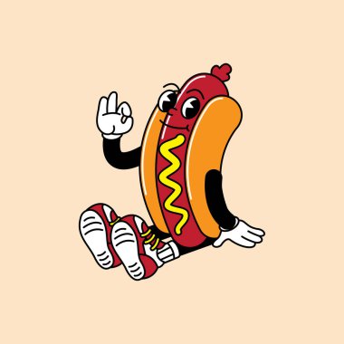 El ve ayaklı Hotdog retro maskotu. Hotdog, sosis ve Fast Food Retro marka komik karakterli ve eldivenli maskot etiketleri..
