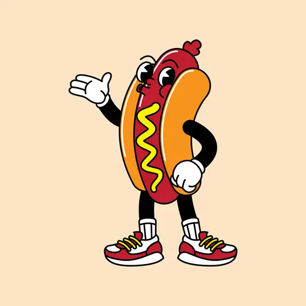El ve ayaklı Hotdog retro maskotu. Hotdog, sosis ve Fast Food Retro marka komik karakterli ve eldivenli maskot etiketleri..