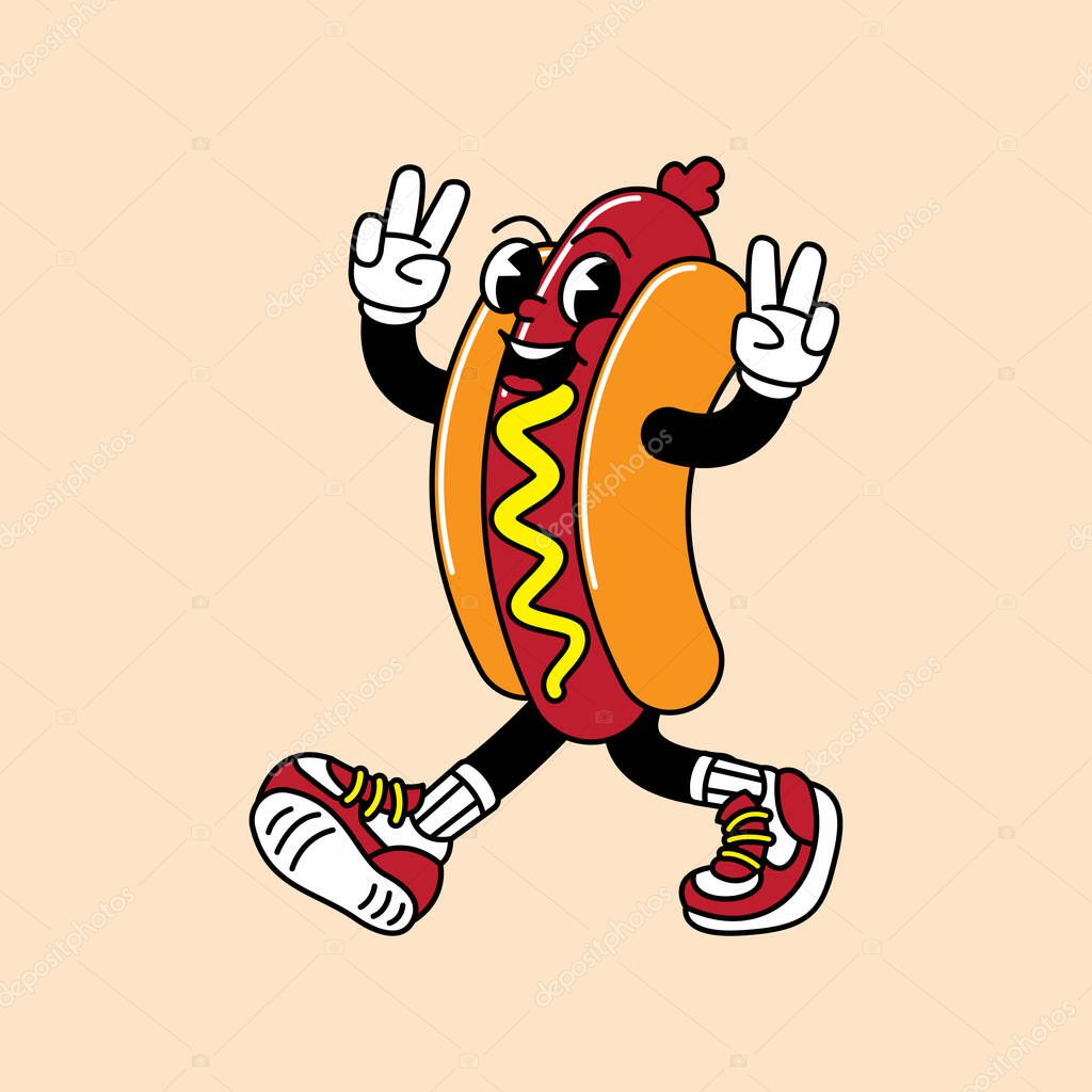 Hotdog retro mascot with hand and foot. Hotdog, sausage, and Fast Food Retro vintage mascot cartoon stickers with funny comic characters and gloved hands.