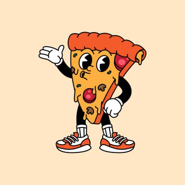 Pizza retro klasik maskot karakter klipsi sanatı. Pizza Fast Food Retro klasik maskot karakteri. Eldivenli ve ayaklı. Yürümek, el sallamak, ayakta durmak, komik, sevimli.