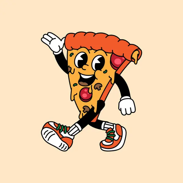 Pizza retro klasik maskot karakter klipsi sanatı. Pizza Fast Food Retro klasik maskot karakteri. Eldivenli ve ayaklı. Yürümek, el sallamak, ayakta durmak, komik, sevimli.
