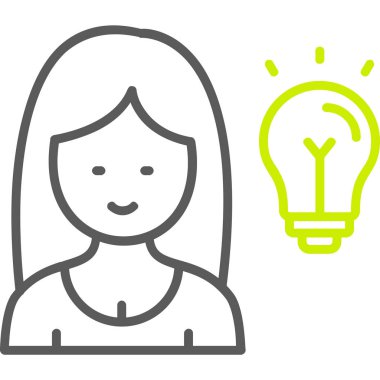 Ampul çizgisi ve ikonu olan kadın, yaratıcı iş konsepti, fikir ampulü ve ampul beyaz arkaplan üzerinde ışık vektör işareti, taslak biçim simgesi