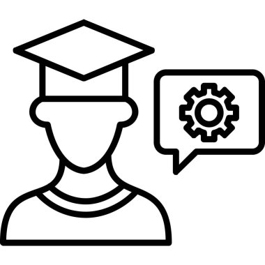 Mezuniyet şapkası ve vites kutusu olan bir öğrenci. Öğrencilik ve eğitim sembolü. taslak vektör biçimi pictogram, arkaplan, web için mobil