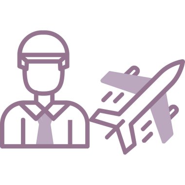 Beyaz zemin üzerinde uçak çizgisi, ikon, konsept, uçak ve uçak uçuş tabelasına sahip uçak pilotu, ana hatlarıyla uçak ikonu olan uçuş uçağı