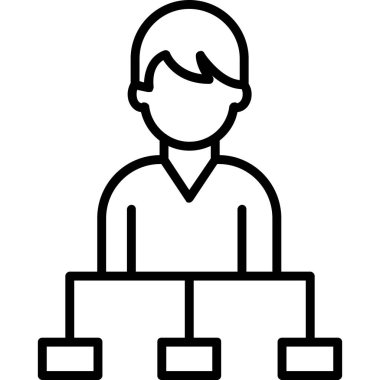Dizüstü bilgisayar ikonu olan bir iş adamı. Beyaz arkaplanda izole edilmiş web tasarımı için dizüstü bilgisayar vektör simgesine sahip ana hat işadamı