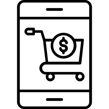 Çevrimiçi ticaret simgesi ana hatları vektörü. Alışveriş arabası.