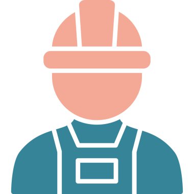 İnşaat işçisi ikonu. Vektör çizimi. Beyaz zemin üzerinde ağ rengi ve mavi renk olan düz ikonik sembol. ağ ve arayüzler için.