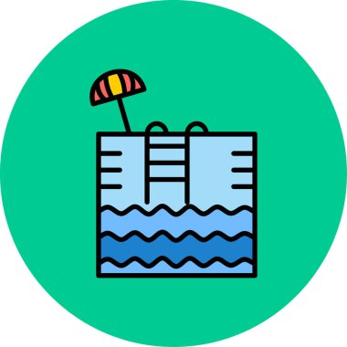 Şemsiyeli yüzme havuzu ve can simidi, vektör illüstrasyonu