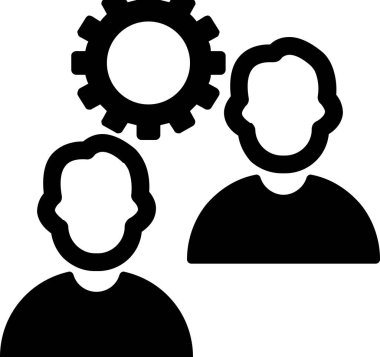 Dişli simgesi olan bir grup insan, siyah rengin düz tasarımı