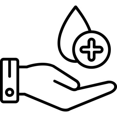 Kan damlası ve termometre olan el, çizgi simgesi