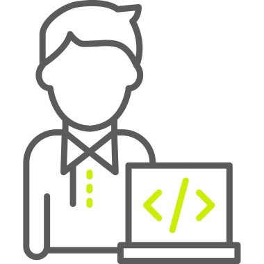 Dizüstü bilgisayarı, kodlaması, programlaması olan bir iş adamı simgesi