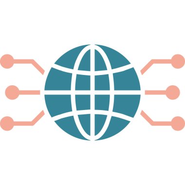 küresel ağ simgesi. vektör biçimi düz ikonik sembol, düz mavi renk, beyaz arkaplan.