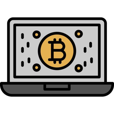Bitcoin bilgisayar simgesi. ana hatlı bitcoin bilgisayar vektör simgesi rengi düz izole