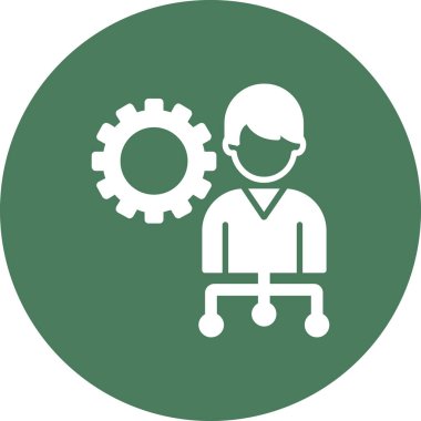 Dizüstü bilgisayarı ve vites simgesi olan adam, vektör illüstrasyonu