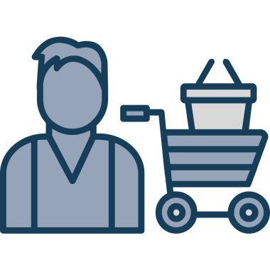 Araba ikonu olan bir adam. Taşıyıcı vektör simgesine sahip taslak adam düz izole