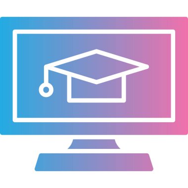 Mezuniyet şapkası simgesi olan bilgisayar monitörü, basit vektör illüstrasyonu