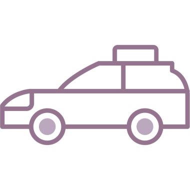 Taksi arabası simgesi, ince çizgi ve illüstrasyon, doğrusal vektör düz tasarım işareti, beyaz arkaplanda rastgele renklendirilmiş konsept sembolü.