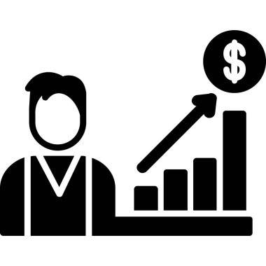 Dolar grafiği ikonu olan bir iş adamı. Vektör çizimi. düz dizayn sembolü.