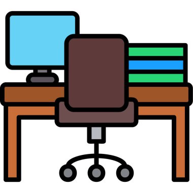 Ofis masası ve dizüstü bilgisayar simgesi. Web için bilgisayar vektör simgesi içeren dizüstü bilgisayarın tasviri