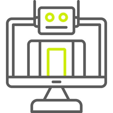 Bir robot simgesi olan bilgisayar monitörü, beyaz arkaplanda vektör illüstrasyonu