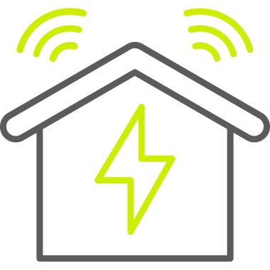 Elektrikli ev ikonu. Vektör biçimi düz simge, sarı renk, beyaz arkaplan.