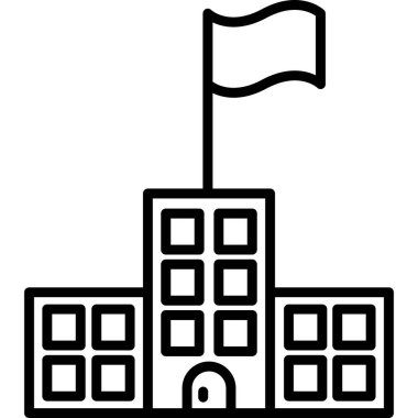 Okul binası ikonu. Beyaz arkaplanda izole edilmiş web tasarımı için ana hatlı okul oluşturma vektör simgesi