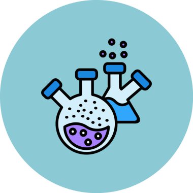 Beyaz zemin üzerinde sıvı ve kimyasal test ikonu bulunan ana hatlı kimyasal şişeyi doldurdum. Laboratuvar ekipmanları. Laboratuvar araştırması. vektör.