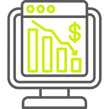 finansal rapor simgesi. Taslak biçim düz ikonik sembol, eko yeşil ve sarı renk, beyaz arkaplan.