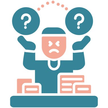 Soru işareti ve konuşma baloncuğu olan üzgün adam.