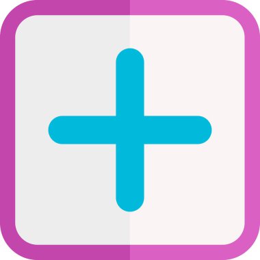 Artı simge. Vektör biçimi pembe ve beyaz renklidir, yuvarlak kare düğmedir. beyaz arkaplanda