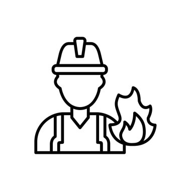 Kasklı ve ateş hattı ikon vektörlü itfaiyeci. Kasklı ve ateş işaretli bir itfaiyeci. izole edilmiş çizgi simgesi siyah illüstrasyon