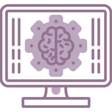 bilgisayar ve beyin simgesi, düz vektör çizimi beyaz arkaplanda izole edildi