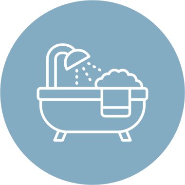 Duş banyosu ikonu. resim biçimi, yuvarlak altıgen, mavi ve beyaz renkler içindeki çift renkli düz simge sembolüdür..