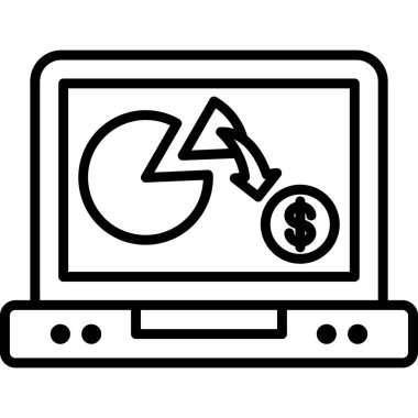 Dolar işaretli dizüstü bilgisayar ve büyüteç simgesi, çizgi biçimi