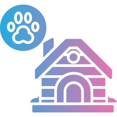 Beyaz arka planda köpek resmi olan mavi çizgili ev. Köpek kulübesi ya da köpek kulübesi. Köpek kulübesi. Çember renk düğmesi. vektör illüstrasyonu