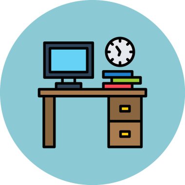 Saat simgesine sahip bilgisayar masası, basit vektör illüstrasyonu