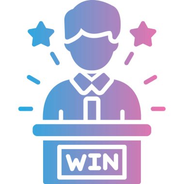 Beyaz arka planda podyum ve kupa ikonu olan çizgi adamı. Zafer işareti. Kazanan kupa ikonu. Renkli taslak konsepti. vektör.