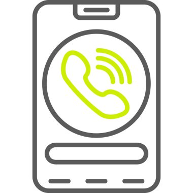 Telefon Görüşmesi vektör simgesi. Stil iki renkli düz sembol, eko yeşil ve gri renkler, yuvarlak açıları, beyaz arka plan.