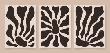 Soyut çağdaş çiçek posteri seti. Botanik sanatı, organik dalgalı şekiller Matisse stili, modern baskılı botanik elementler organik şekiller. Vektör illüstrasyonu