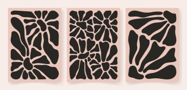 Soyut çağdaş çiçek posteri seti. Botanik sanatı, organik dalgalı şekiller Matisse stili, modern baskılı botanik elementler organik şekiller. Vektör illüstrasyonu