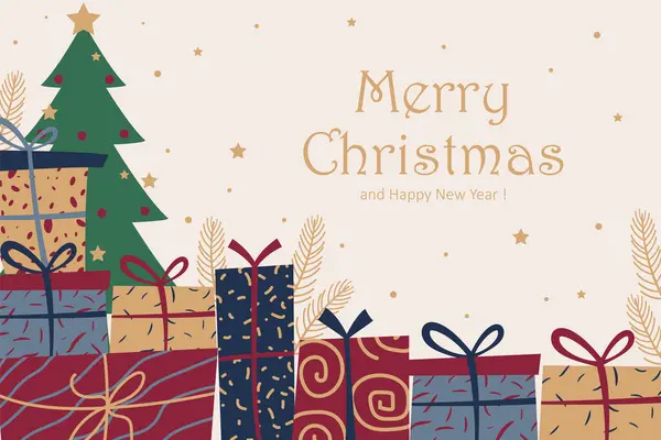 クリスマスのギフト用の箱のイラストの背景 平らな手描きのデザイン ベクトルイラスト — ストックベクタ