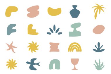 Boho harika palmiye ağaçları plaj güneşi pastel renkli deniz etiketleri.