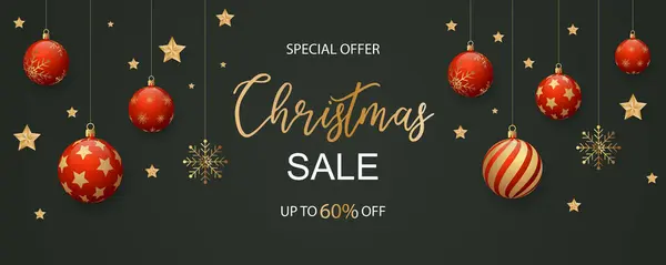 Kırmızı ve altın sarısı Noel süsleriyle özel indirimli tatil afişi