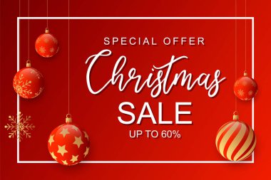 Kırmızı ve altın sarısı Noel süsleriyle özel indirimli tatil afişi