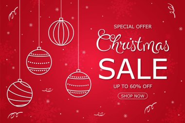 Kırmızı arka planda takılar asılı Noel indirim şablonu